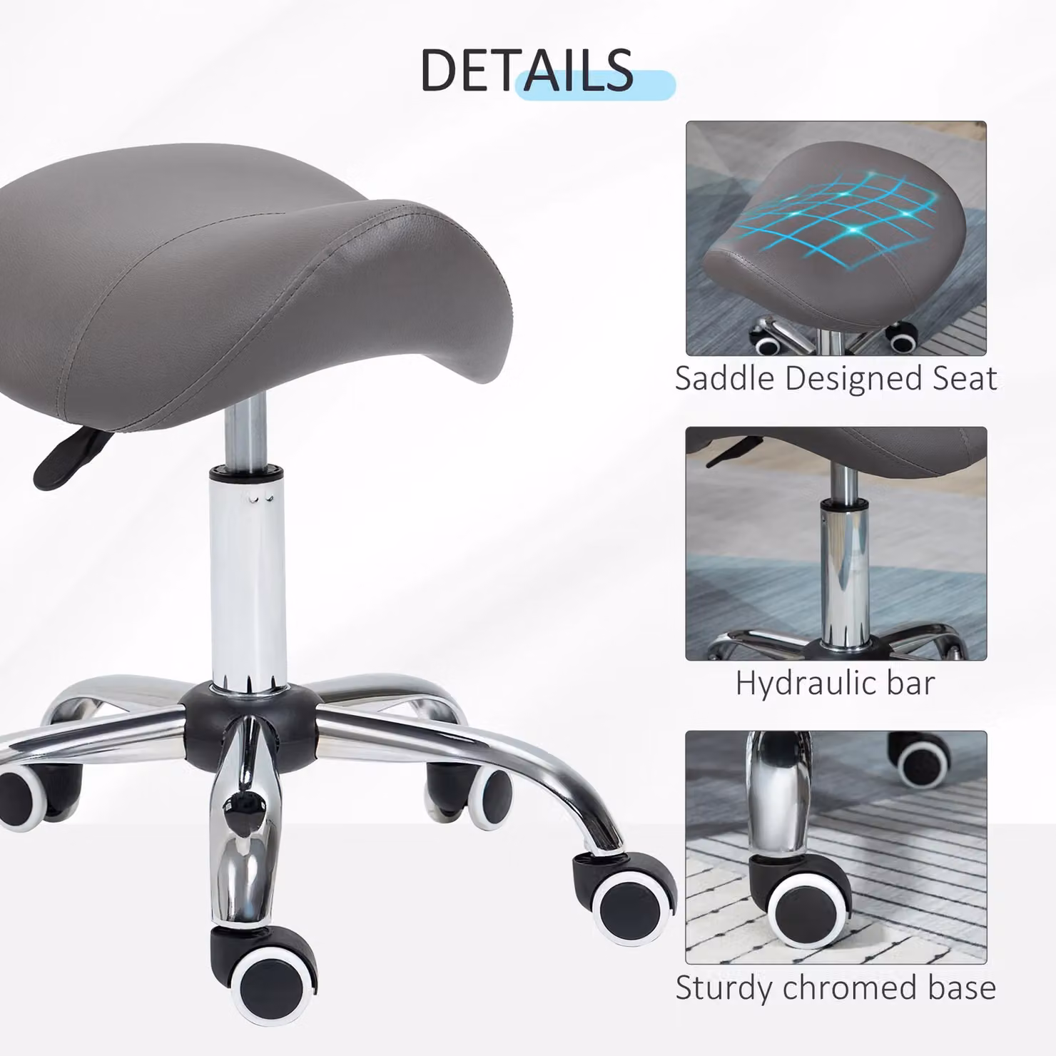 HOMCOM Grey PU Leather Saddle Stool with Moulded Padded Seat and Adjustable Height – 4