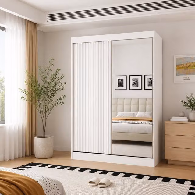 KDMD Berlin 150cm White Sliding Door Wardrobe with Internal Shelves and Hanging Rail – 1
