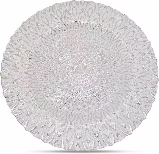 Neel Blue Set of 6 Peacock Design Glass Charger Plates in Blue and Silver, Diameter: 33 cm