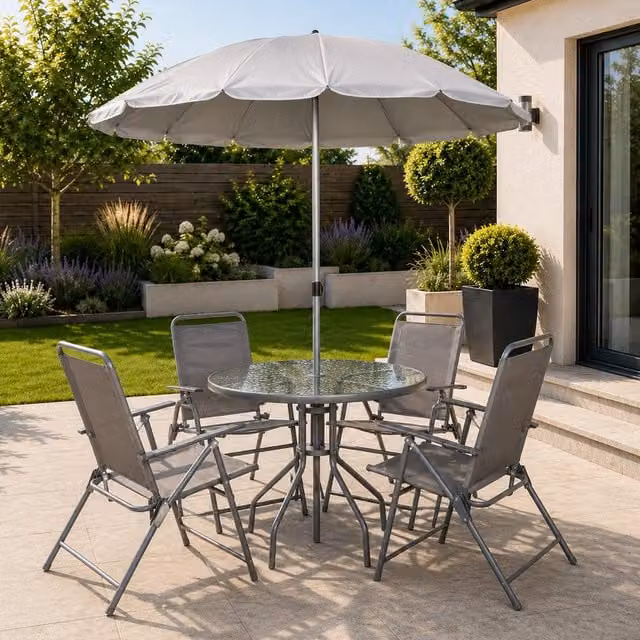 Samuel Alexander 4 Seater Outdoor Patio Set with Round Glass Top Table, Chairs and Parasol in Grey