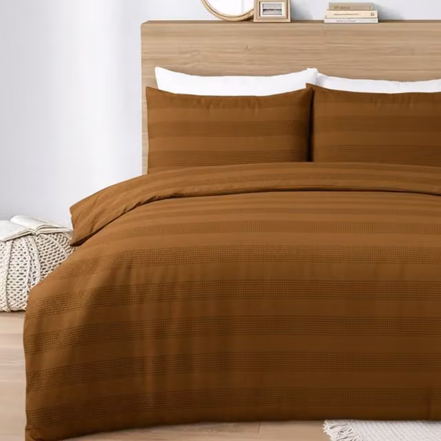 MHG Living Waffle Stripe Polycotton Blend Duvet Cover Set in Beige and Brown, W: 140 cm x L: 200 cm