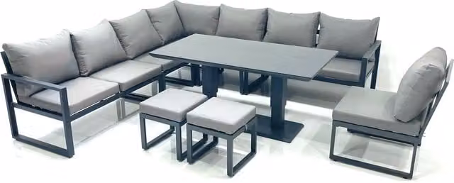 Fimous 10-Seater Outdoor Aluminium Corner Sofa Garden Set with Rising Tempered Glass Table in Dark Grey