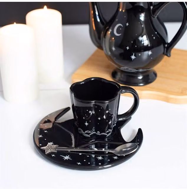 KDMD Spellbound Sky Espresso Cup, Saucer and Spoon Set in Black Ceramic