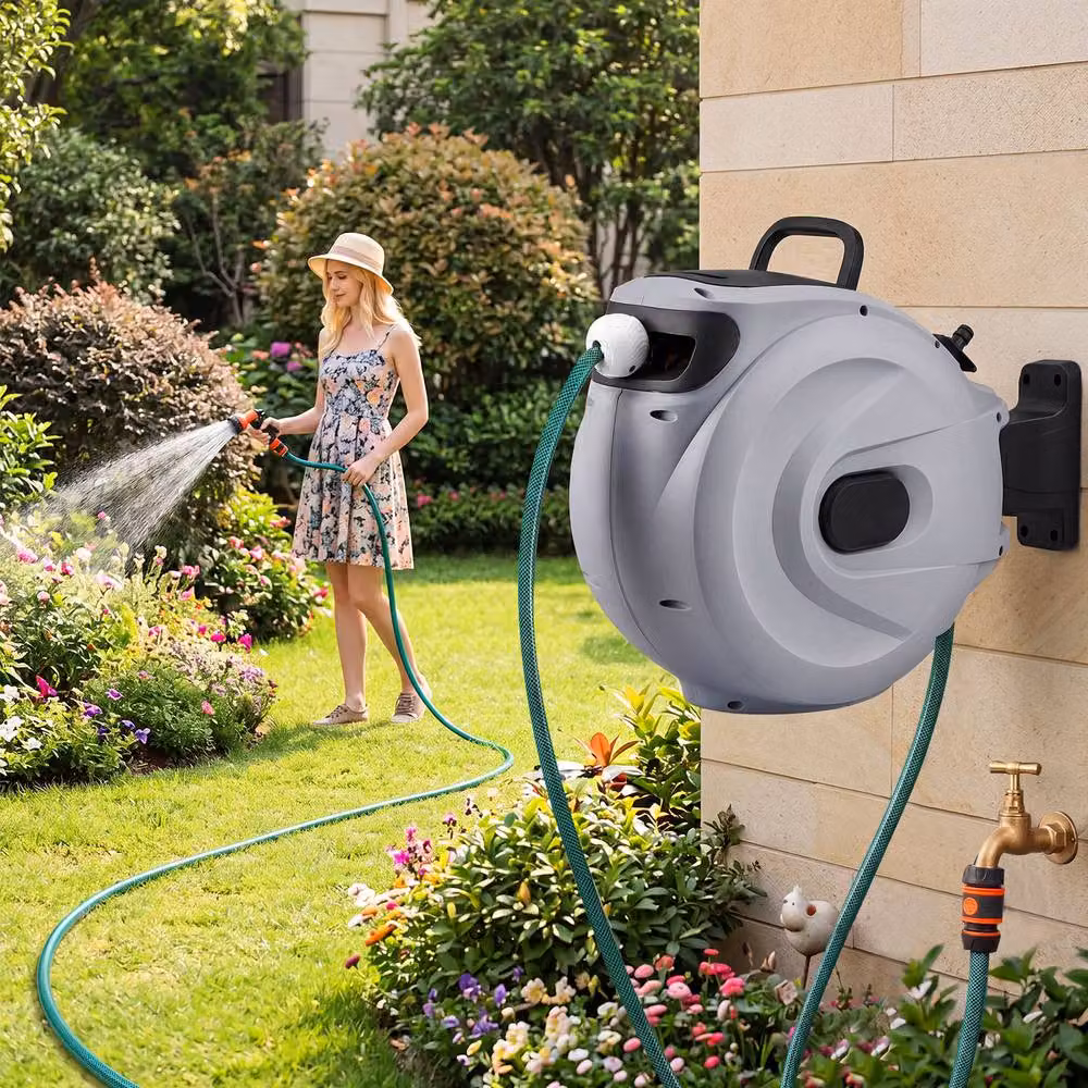 Gymax Retractable Hose Reel with Auto-Rewind and Wall Mount, 1/2 Inch, 30m + 2m, Grey – 9