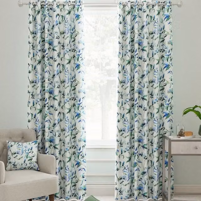 Linda Barker Home Yarrows Made to Measure Blackout Floral Cotton Curtain in Midnight Silver and Blue with Eyelets