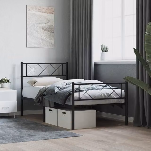 Berkfield Home Metal Bed Frame with Headboard and Footboard in Black, W/D/H: 100 x 200 cm