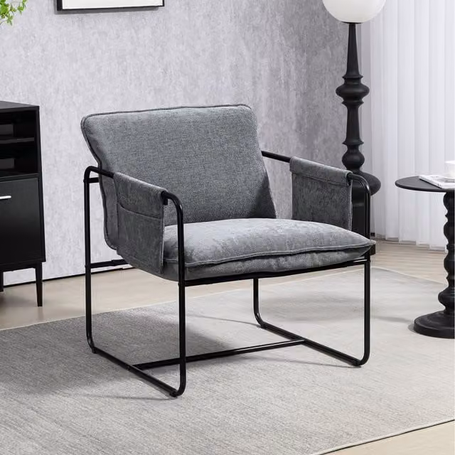 HOMCOM Modern Grey Chenille Accent Armchair with Side Pockets and Metal Frame