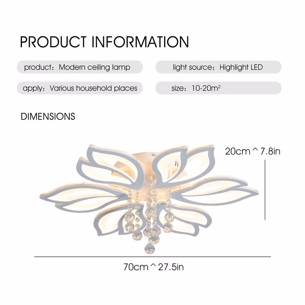 NIVOR Dimmable 6-Head Flower Acrylic and Crystal LED Ceiling Light with Remote Control in White – 2