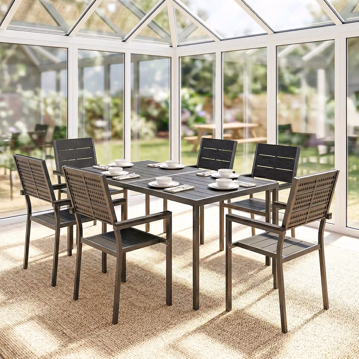 Outsunny 7 Piece Outdoor Dining Set with Rectangular Composite Slatted Tabletop and Chairs for Garden and Terrace – 7