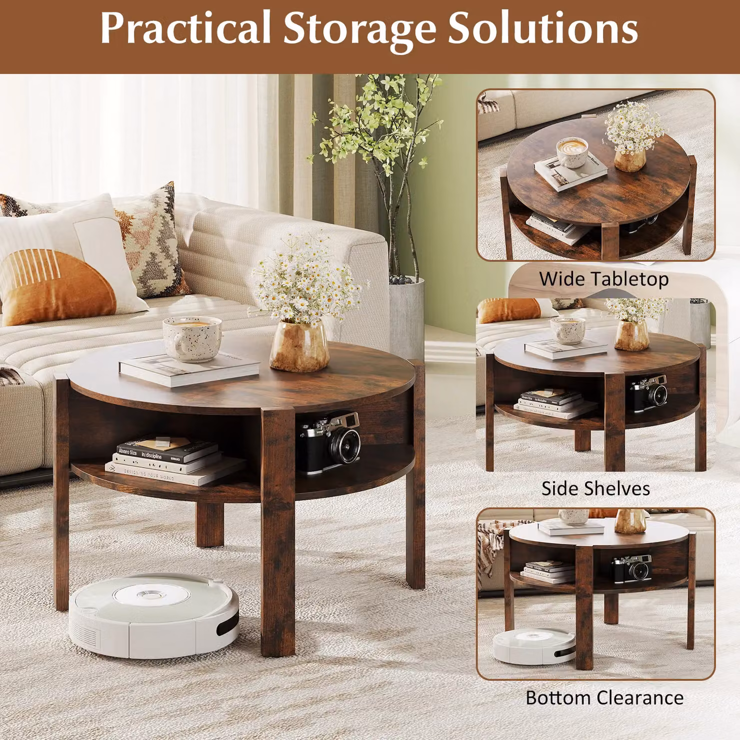 Gymax 2-Tier Round Wood Coffee Table with Storage in Brown – 6