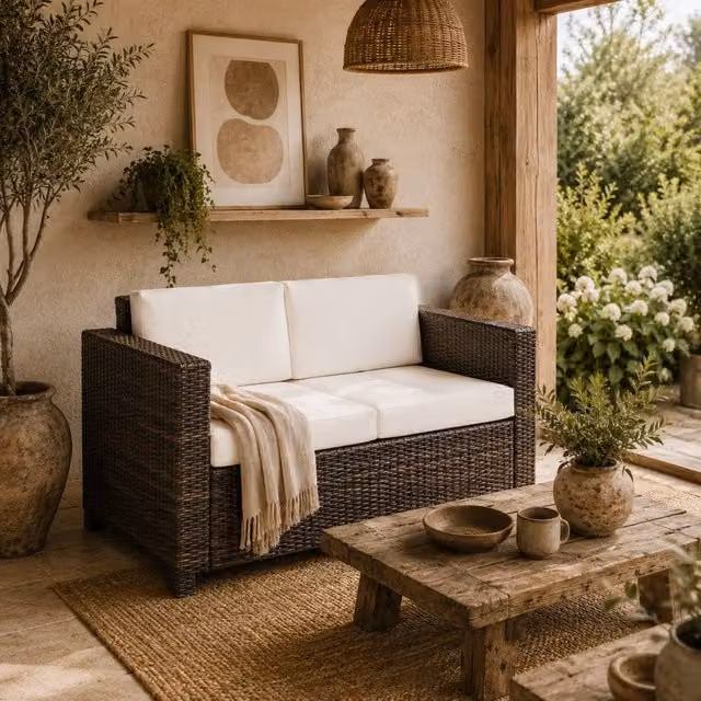 Wyld Haus Sese Brown 2 Seater Rattan and Metal Outdoor Sofa with White Cushions