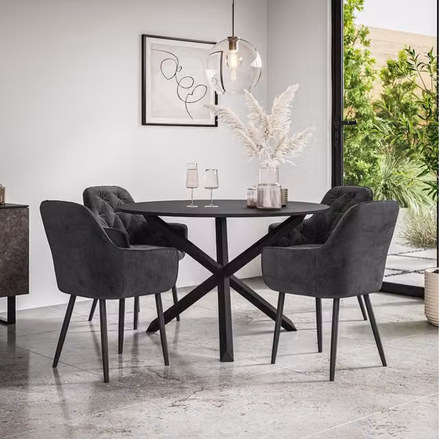 More4Homes Malvern Round Black Dining Table Set with 4 Anika Velvet Chairs and Black Oak Legs