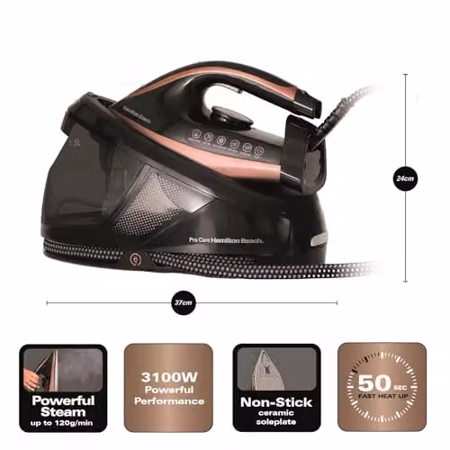 Hamilton Beach Pro Care Steam Generator Iron with Vertical Steam, Anti-Calc Technology and Non-Stick Ceramic Soleplate, Black/Bronze – 2