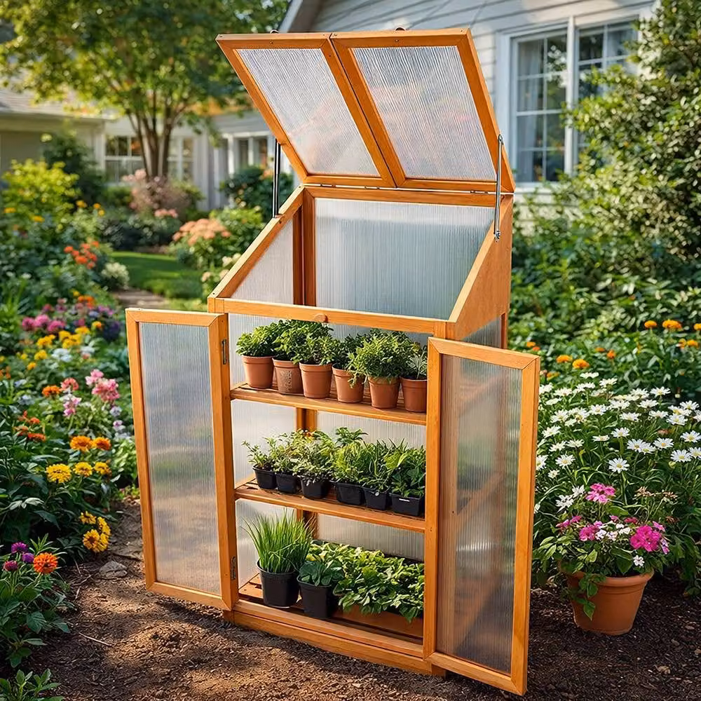 Marco Paul Mini Cold Frame Greenhouse in Beige with Polycarbonate Shelving – 3
