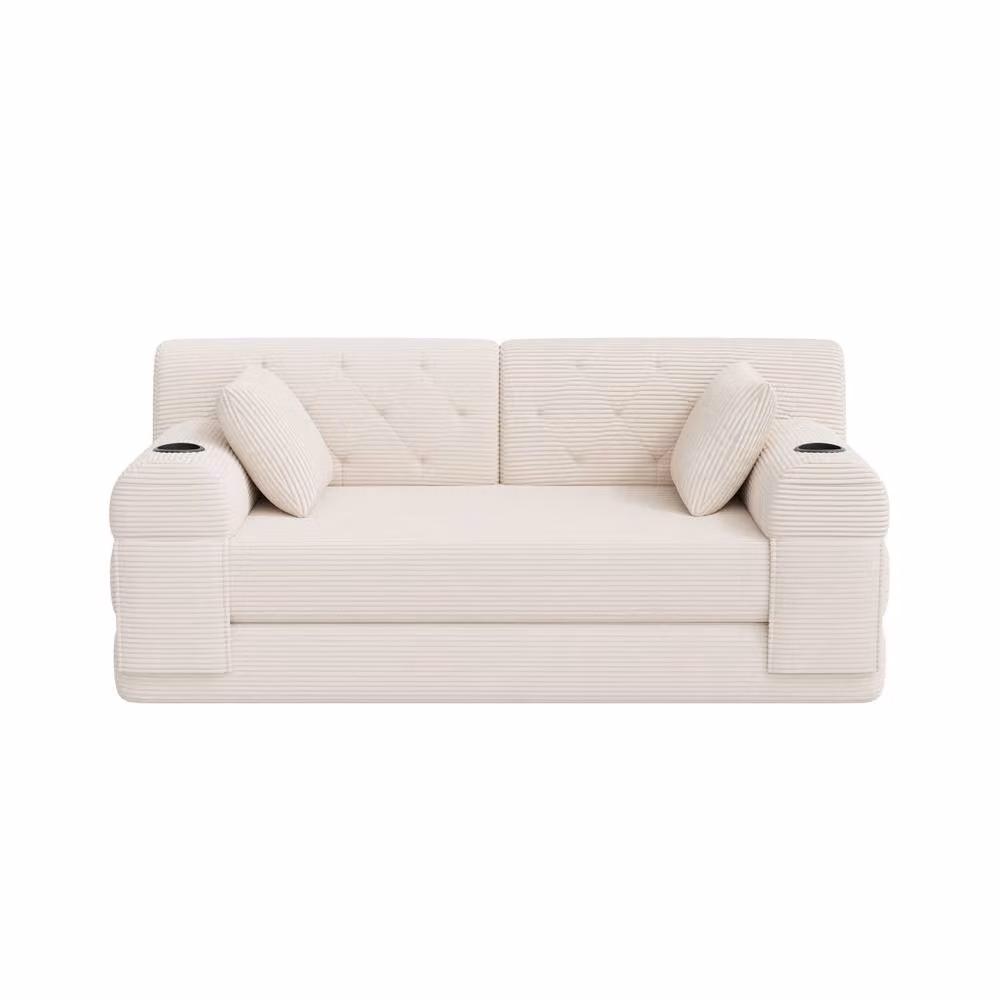 BTM 2 Seater Corduroy Sleeper Sofa with Cup Holders and Side Pockets, Beige, W/D/H: 168 x 80 x 81 cm – 2