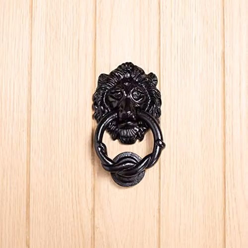 Hammer and Tongs Lion Head Door Knocker in Matt Black Iron, Height: 15.0 cm – 4