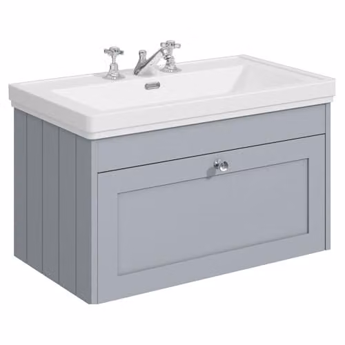 Balterley Wall Hung Grey Vanity Unit with Single Soft Close Drawer and 3 Tap Hole Rectangular Basin, W: 80 cm, D: 45.3 cm, H: 43.1 cm – 1