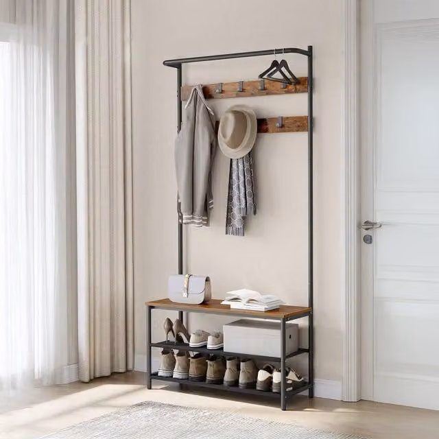 VASAGLE Industrial Hall Tree with Bench and Shoe Storage, Bronze and Brown, H 180 x W 90 x D 32.2 cm