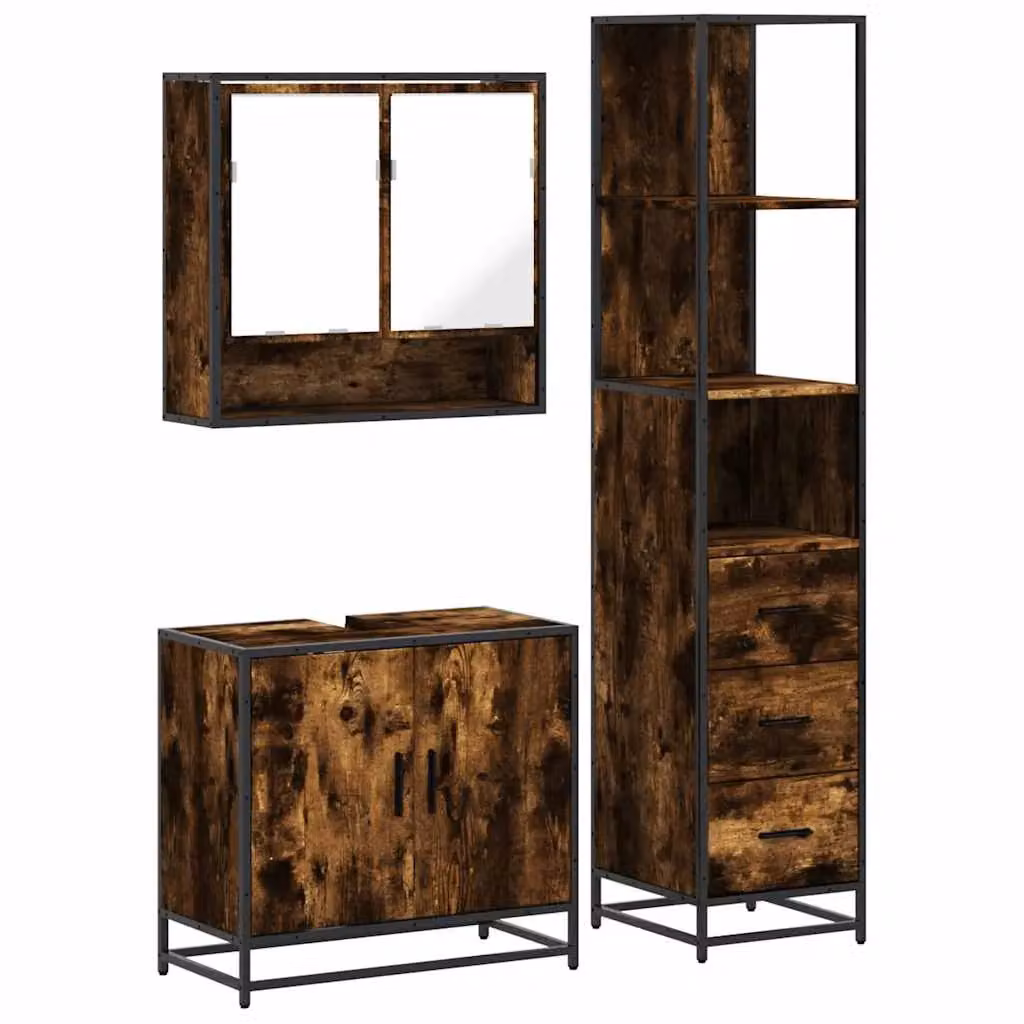 Berkfield Home 3 Piece Industrial Bathroom Furniture Set in Brown Smoked Oak – 1