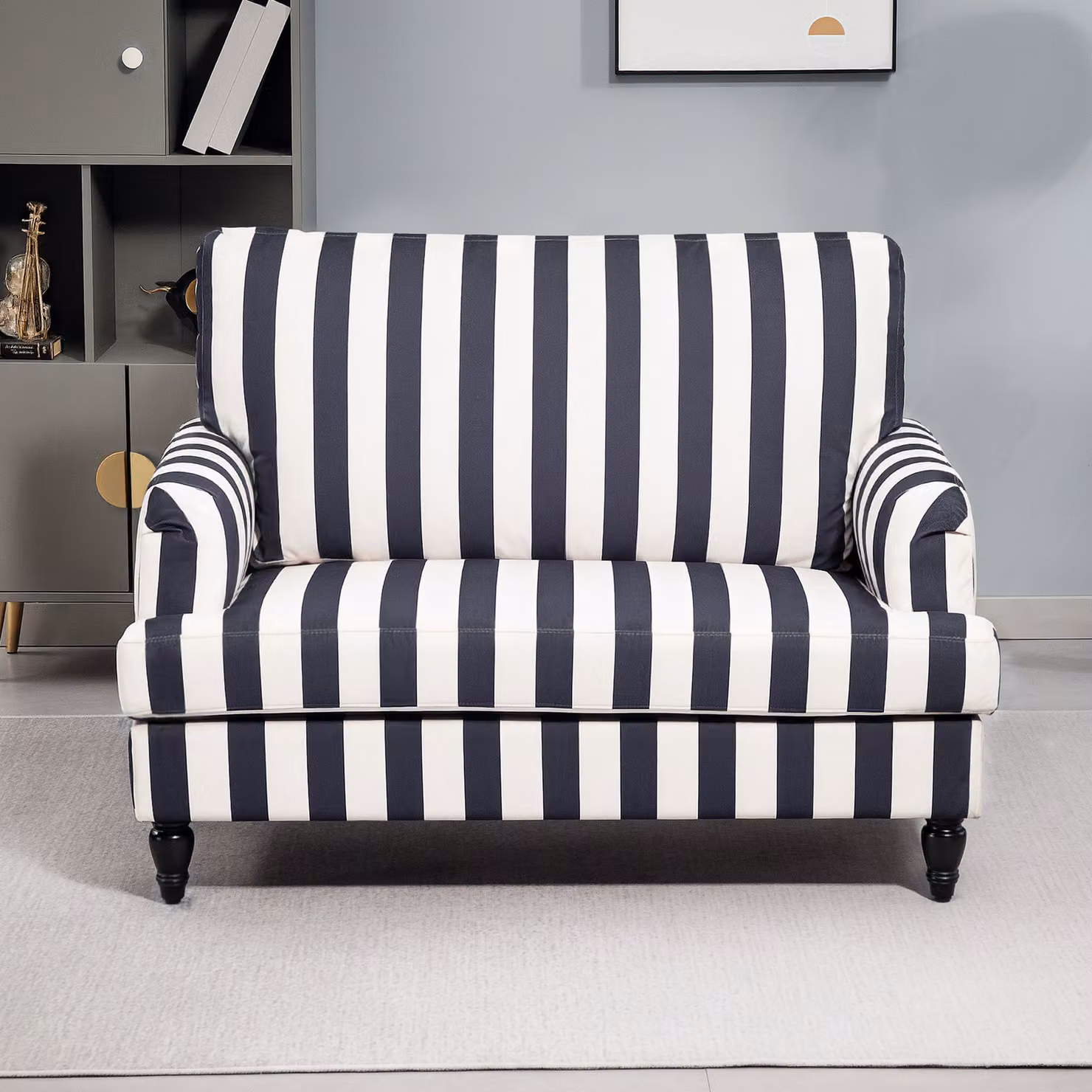 HOMCOM Modern Velvet Accent Chair with Striped Fabric and Rubberwood Turned Legs in Black and White – 7