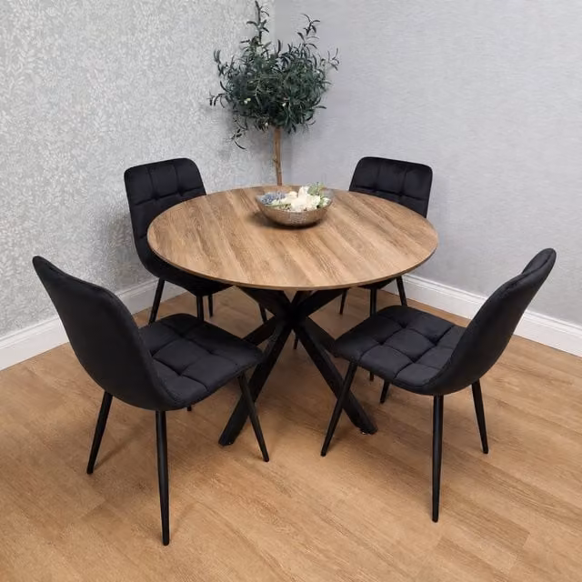 Kosy Koala 4 Seater Round Dining Set with Brown Wood Table and Black Velvet Chairs