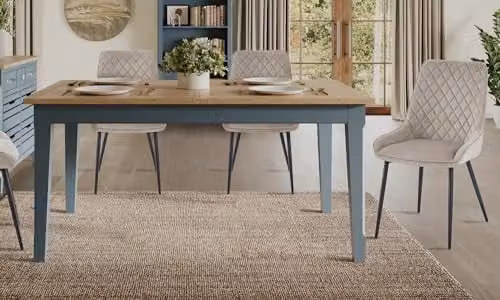 Baumhaus Signature Blue Extendable Rectangular Oak Dining Table in Blue and White, W/D/H: 160.07 x 90.0 x 76.0 cm