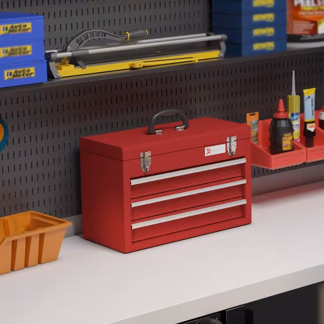 DURHAND Lockable Metal Tool Chest with Handle and Latch, Red, W: 32 cm, D: 22 cm