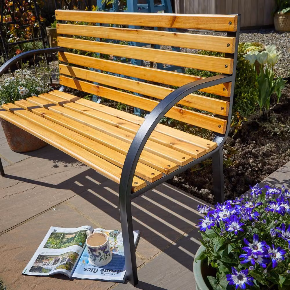 Home Source 2 Person Garden Bench with Metal Frame and Natural Curved Wooden Seats, Black, W/D/H: 122 x 60 x 80 cm – 5