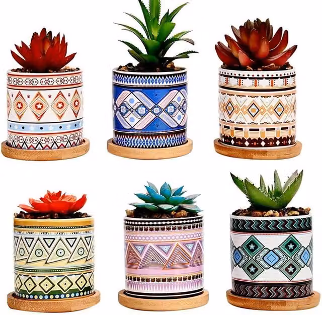 Simpa 6-Piece Multicolour Ceramic Plant Pots with Bamboo Bases and Geometric Natural Patterns – 1