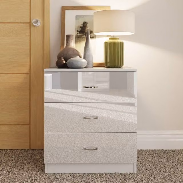 LUXURY LIFE Keaton Modern 3 Drawer Gloss White Chest of Drawers with Mirror Top – 1