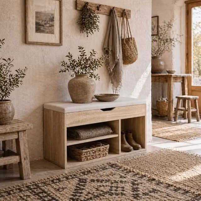 Wyld Haus Sonala Oak Shoe Storage Bench with Padded Beige Seat, W/D/H: 80 x 30 x 45 cm