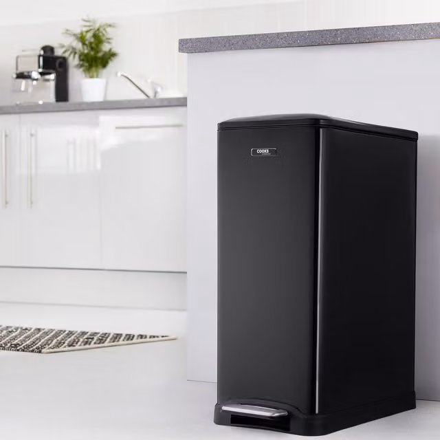 Cooks Professional 50L Dual Compartment Soft Close Pedal Bin in Black Stainless Steel