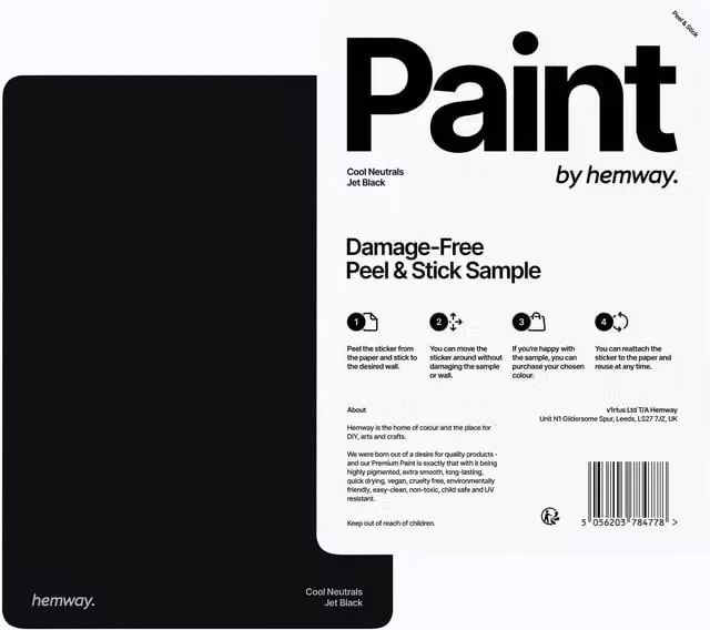 Hemway Matt Jet Black Water Based Exterior Paint A5 Peel and Stick Sample