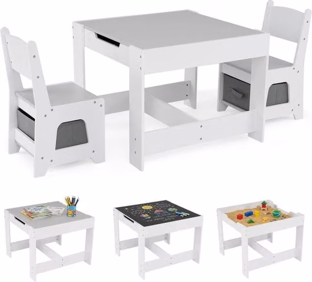 Gymax Childrens Activity Table and 2 Chairs Set with Detachable Dual-Sided Reversible Tabletop in Grey and White