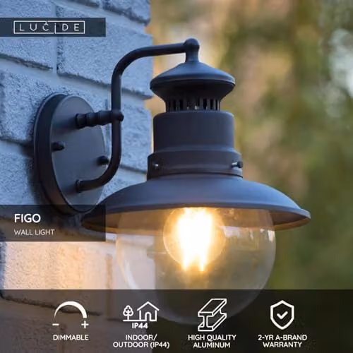 Lucide Figo Modern Dimmable Outdoor Wall Lantern, Black, Diameter: 21.5 cm – 2