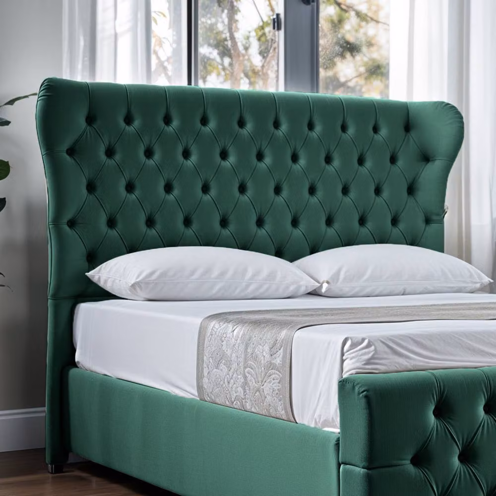 UK Bed Furniture Isabella Single Upholstered Slatted Base Bed with 48 Inch Wingback Headboard in Green Velvet – 3