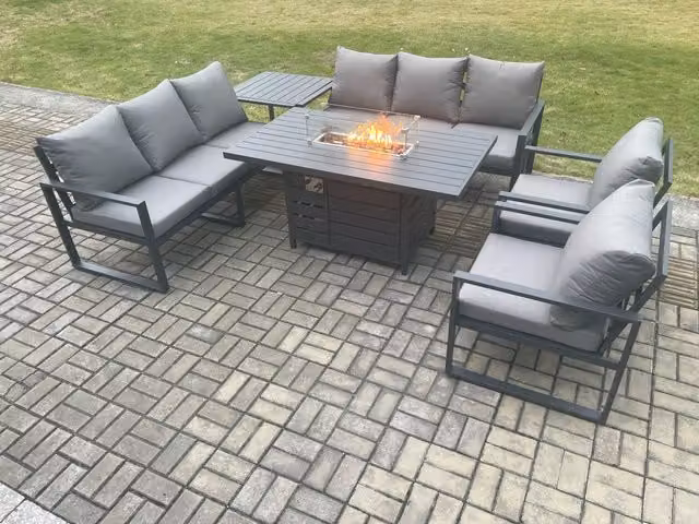 Fimous 8 Seater Aluminium Garden Furniture Set with Gas Fire Pit Dining Table, Side Table and Cushions in Dark Grey