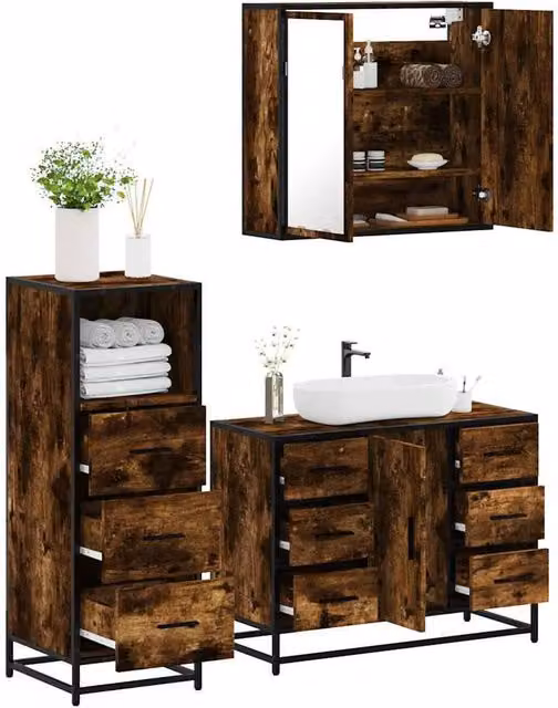 Berkfield Home 3 Piece Industrial Bathroom Furniture Set in Smoked Oak Brown