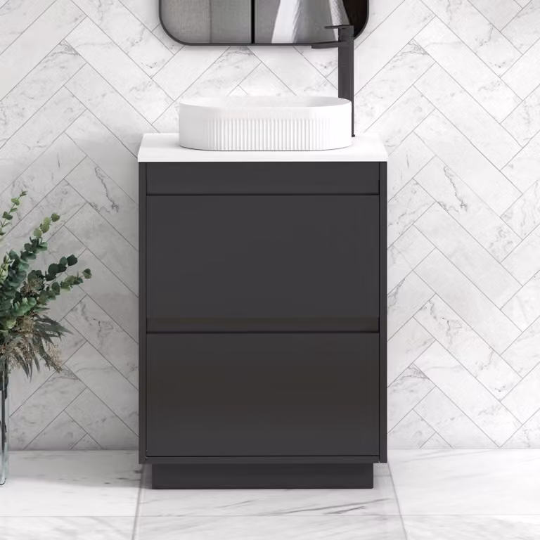 Royal Bathrooms Orion 600mm Matt Obsidian Black and Plain White Floor Standing 2 Drawer Vanity Unit with Lyon Basin and Black Accent Trim
