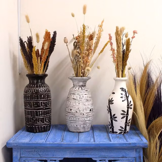 KDMK Geometric Ethnic Ceramic Tabletop Vase in White and Black