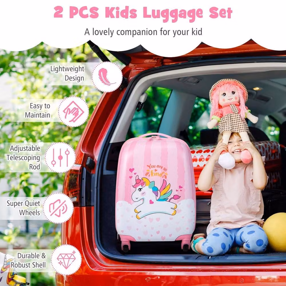 Costway Kids Luggage Set with 12 inch Backpack and 16 inch Suitcase, Pink – 3