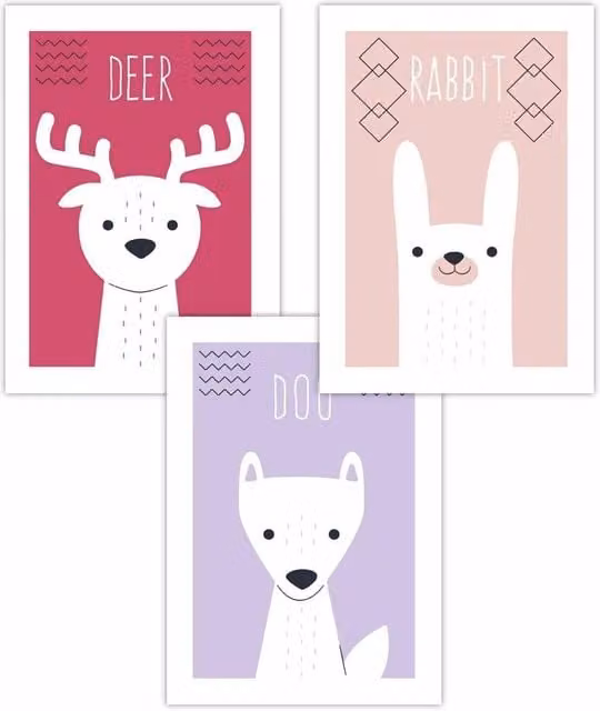 ARTZE Set of 3 Scandi Nursery Forest Animal Art Posters in Pink, Purple and White, W: 30 cm, H: 42 cm