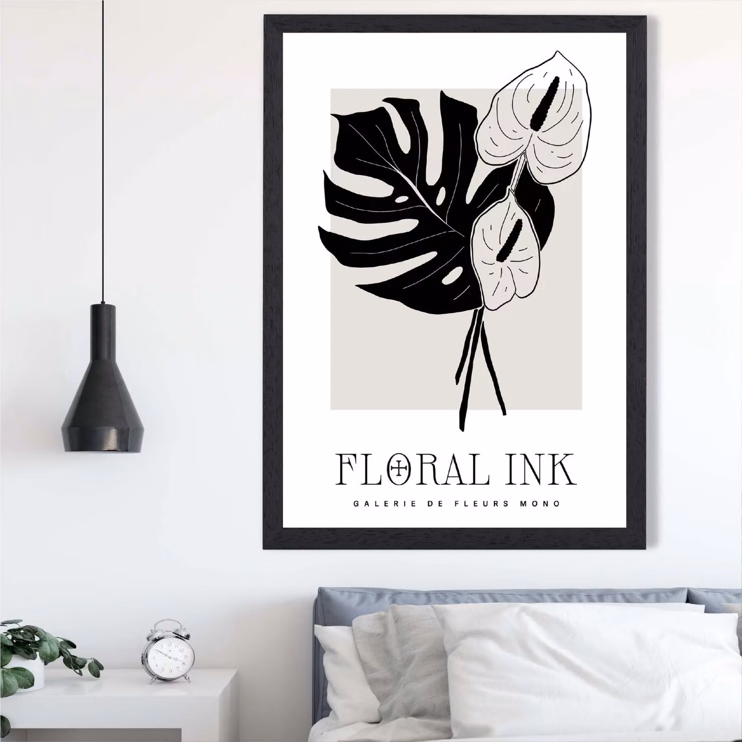 ARTZE Arum Lilies Black and Beige Floral Ink Sketch Framed Print A3 – 2