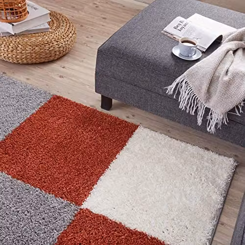 THE RUGS Modern Checked Shaggy Area Rug in Grey and Multicolour, W/D/H: 160 x 230 cm – 7