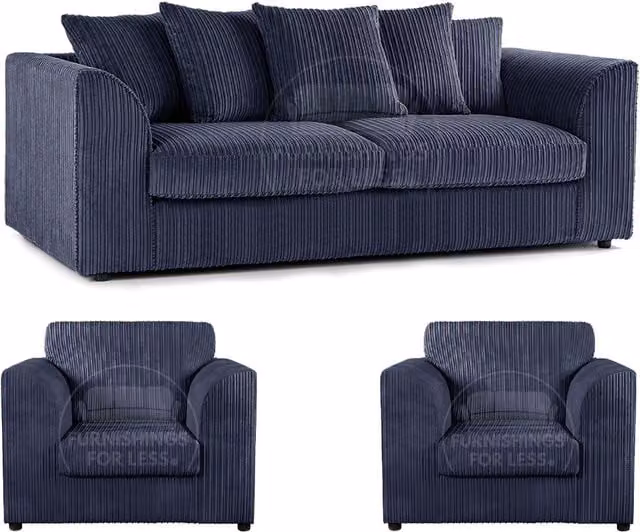 Furnishings For Less UK Luxor 3 Piece Sofa Suite in Navy Blue Jumbo Cord Fabric with Scatter Cushions – 1