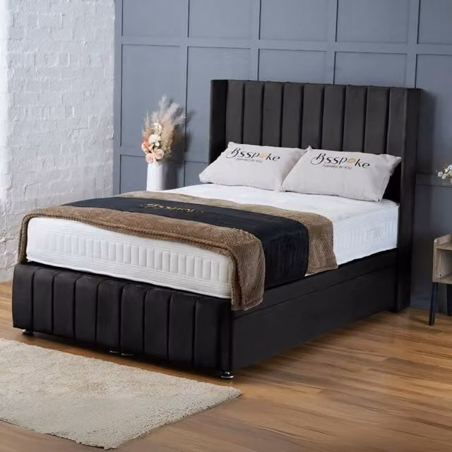 BSSPOKE Zoe Ottoman Divan Bed in Black Plush Velvet with 54 inch Headboard and Footboard, King Size, W/D/H: 180 x 200 cm