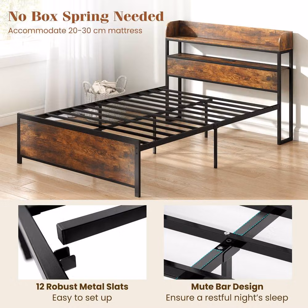Costway Double Bed Frame in Brown with LED Lights, USB Charging Ports and Headboard, W/D/H: 140 x 200 cm – 7