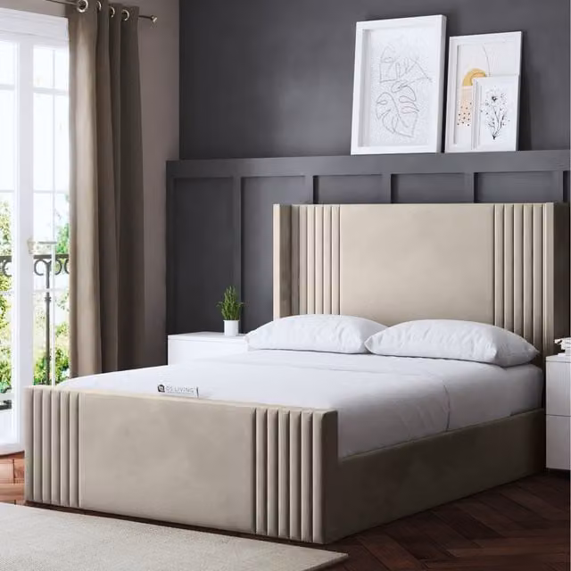 DS Living Elara Winged Panel Bed with Headboard in Beige, 200 x 200 cm