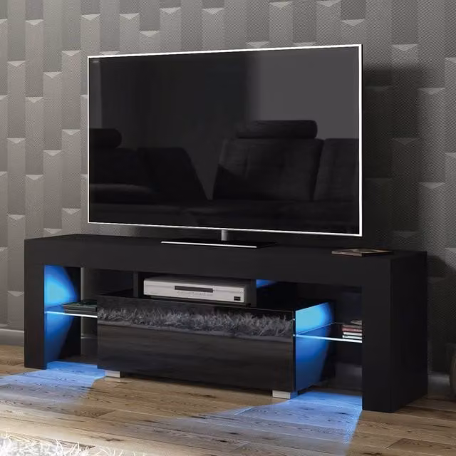 Creative Furniture Floe TV Unit in Black with Glossy Doors and LED Lights, W: 130 cm, H: 45 cm, D: 35 cm