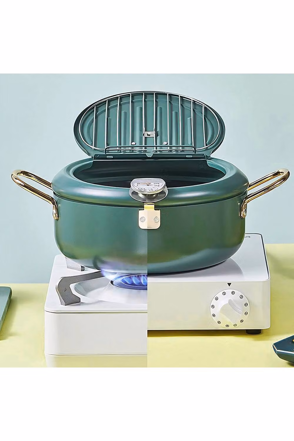 Living and Home Japanese-style Dual-Handle Tempura Deep Frying Pot with Thermometer in Green and Gold – 3